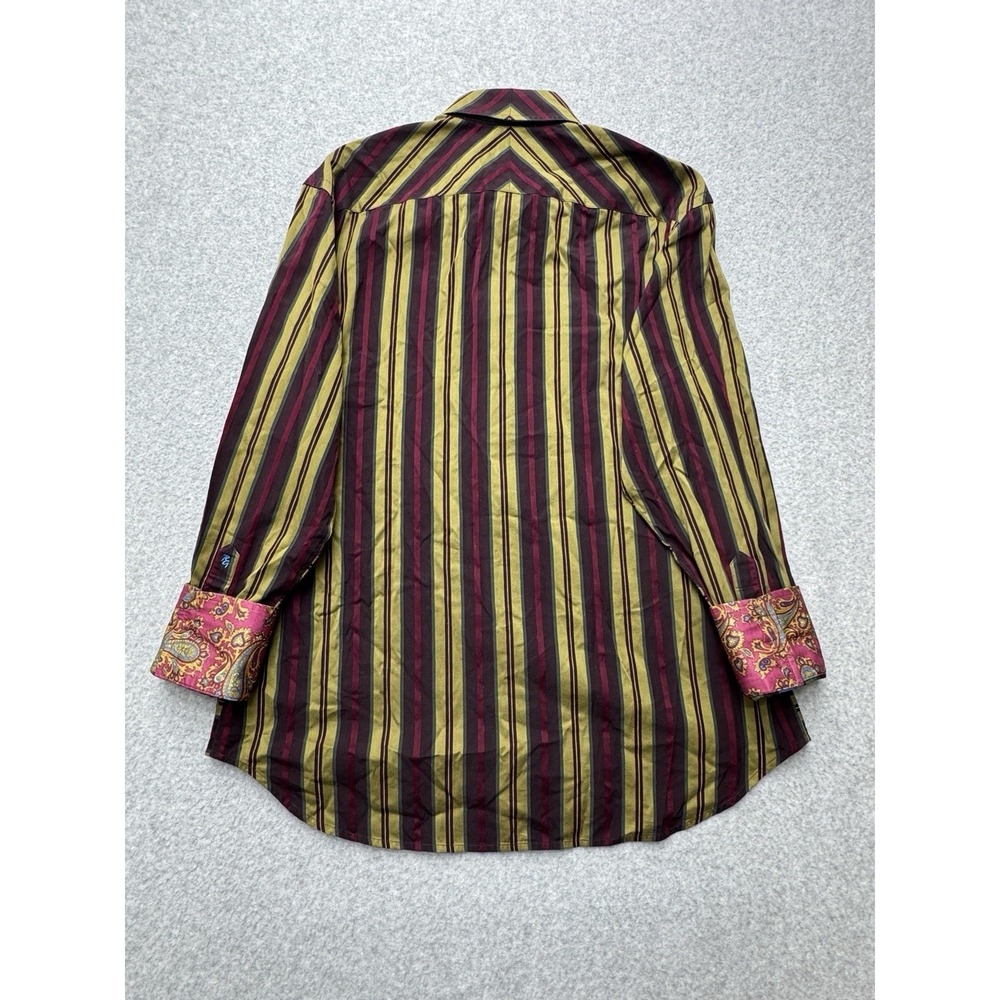 Robert Graham Shirt Mens Large Green Burgundy Striped Flip‎ Cuff Luxury Preppy - Picture 9 of 10